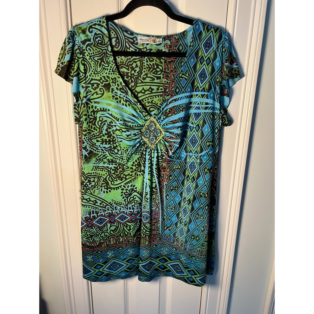 Unity World Wear Womens Green Blue Paisley Geometric Beaded V-Neck Tunic Top L